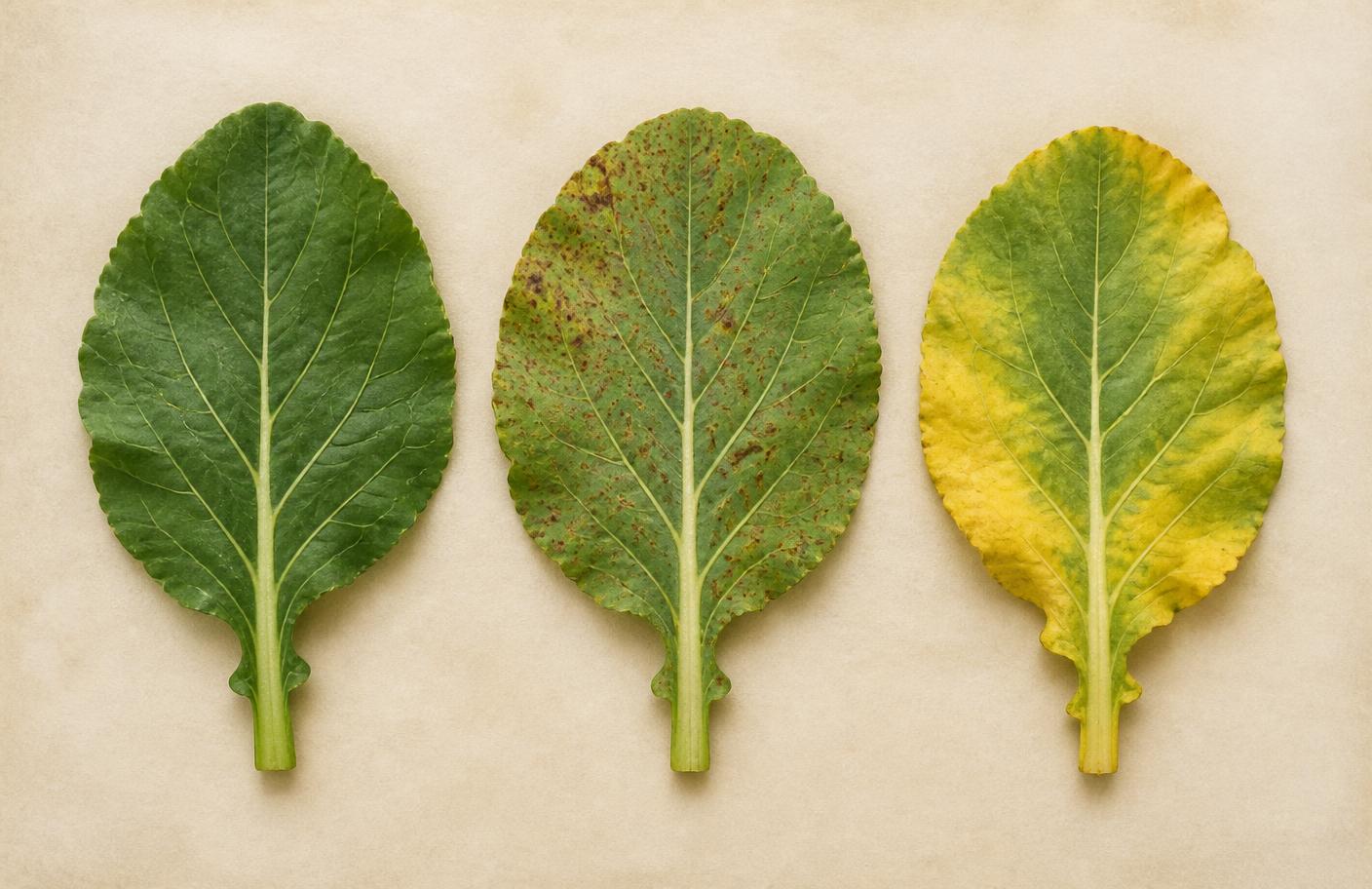 Three crop leaves side by side: healthy, rust-spotted and yellowing